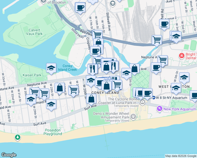 map of restaurants, bars, coffee shops, grocery stores, and more near 2840 West 16th Street in Brooklyn