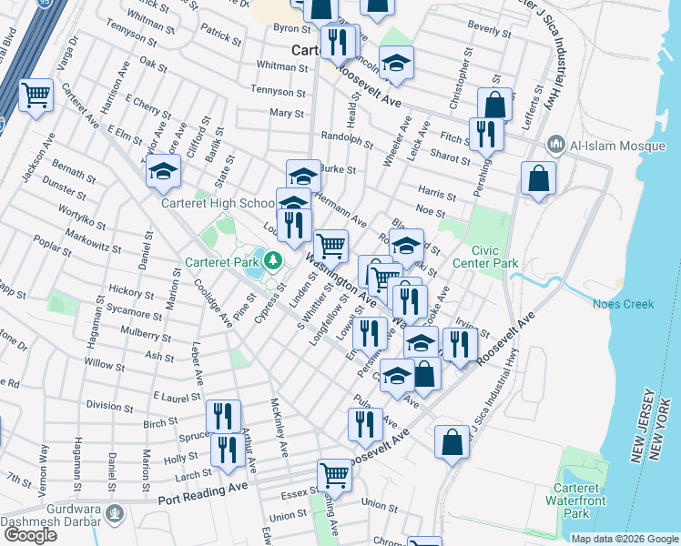 map of restaurants, bars, coffee shops, grocery stores, and more near 108 Washington Avenue in Carteret
