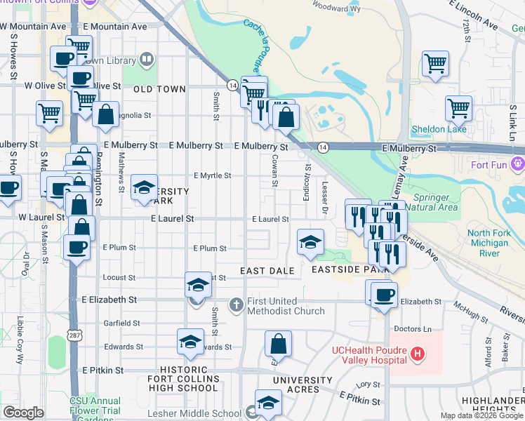 map of restaurants, bars, coffee shops, grocery stores, and more near 760 Eastdale Drive in Fort Collins