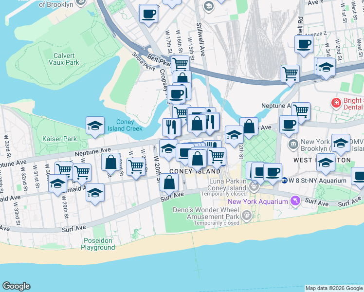 map of restaurants, bars, coffee shops, grocery stores, and more near 2840 West 16th Street in Brooklyn