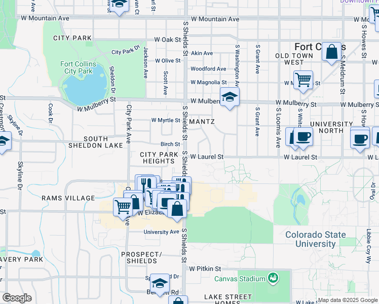 map of restaurants, bars, coffee shops, grocery stores, and more near 705 South Shields Street in Fort Collins