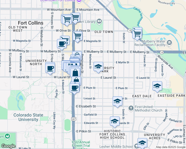 map of restaurants, bars, coffee shops, grocery stores, and more near 330 East Laurel Street in Fort Collins