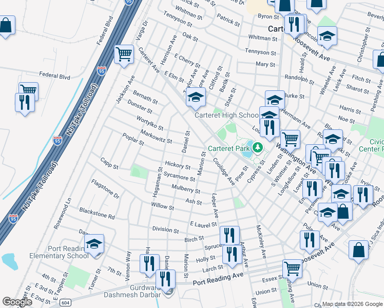 map of restaurants, bars, coffee shops, grocery stores, and more near 75 Poplar Street in Carteret