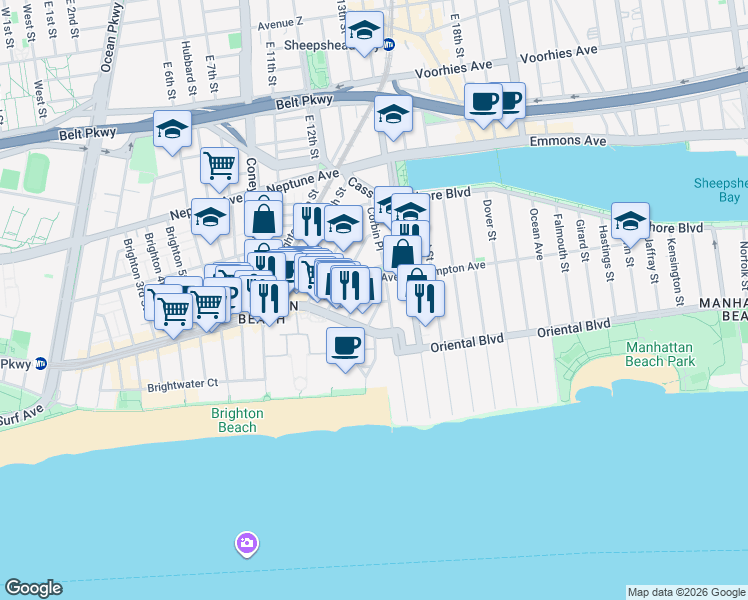 map of restaurants, bars, coffee shops, grocery stores, and more near 150 Corbin Place in Brooklyn