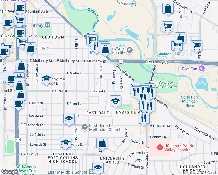 map of restaurants, bars, coffee shops, grocery stores, and more near 823 East Laurel Street in Fort Collins
