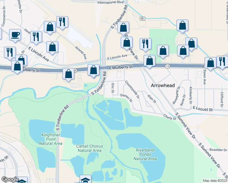 map of restaurants, bars, coffee shops, grocery stores, and more near 614 Eric Street in Fort Collins