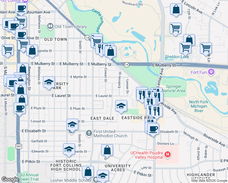 map of restaurants, bars, coffee shops, grocery stores, and more near 823 East Laurel Street in Fort Collins
