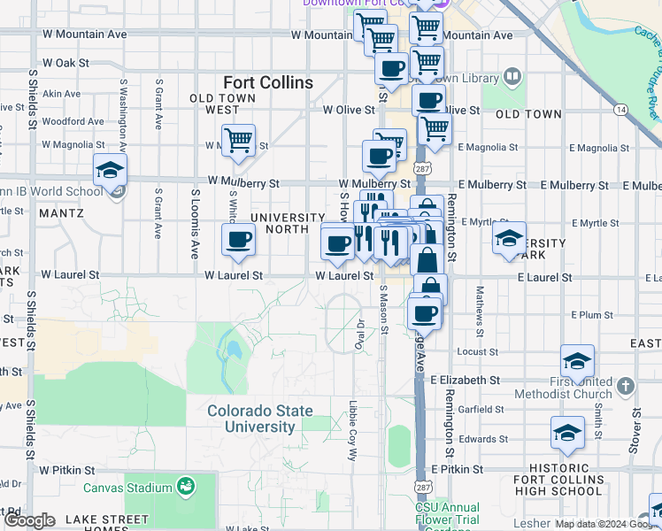 map of restaurants, bars, coffee shops, grocery stores, and more near in Fort Collins
