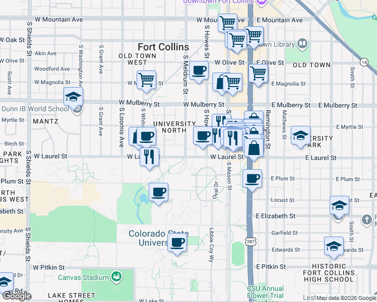 map of restaurants, bars, coffee shops, grocery stores, and more near 328 West Laurel Street in Fort Collins