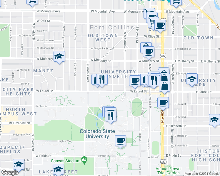 map of restaurants, bars, coffee shops, grocery stores, and more near 501 West Laurel Street in Fort Collins