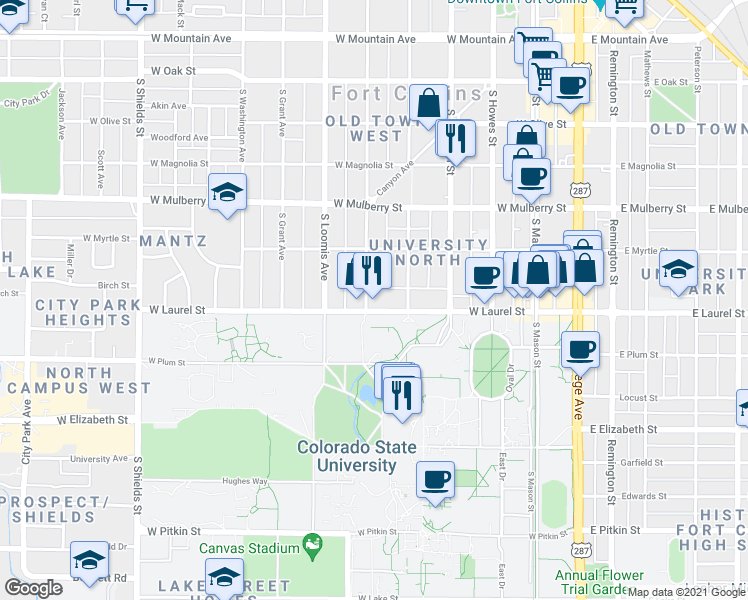map of restaurants, bars, coffee shops, grocery stores, and more near 523 West Laurel Street in Fort Collins