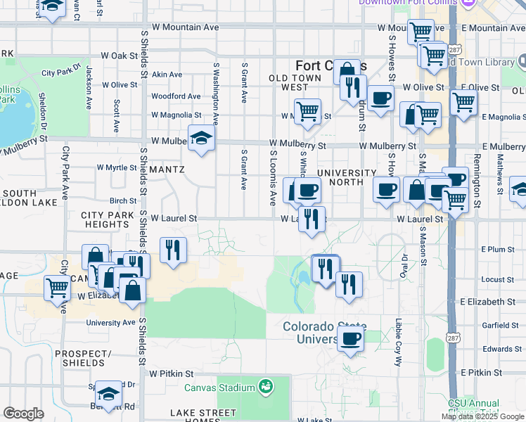 map of restaurants, bars, coffee shops, grocery stores, and more near 712 West Laurel Street in Fort Collins