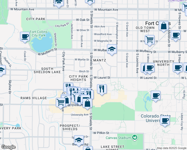 map of restaurants, bars, coffee shops, grocery stores, and more near 705 South Shields Street in Fort Collins