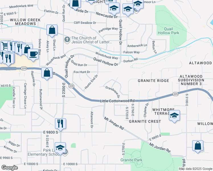 map of restaurants, bars, coffee shops, grocery stores, and more near 9522 Grandview Drive in Sandy