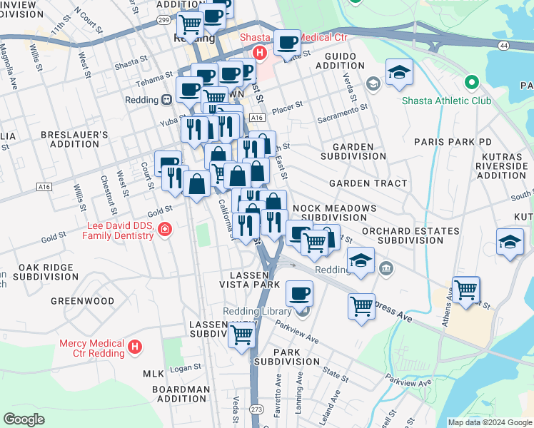 map of restaurants, bars, coffee shops, grocery stores, and more near 2151 Market Street in Redding