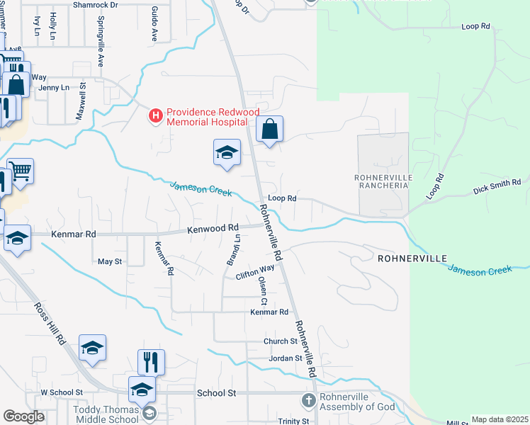 map of restaurants, bars, coffee shops, grocery stores, and more near 3601-3651 Rohnerville Rd in Fortuna