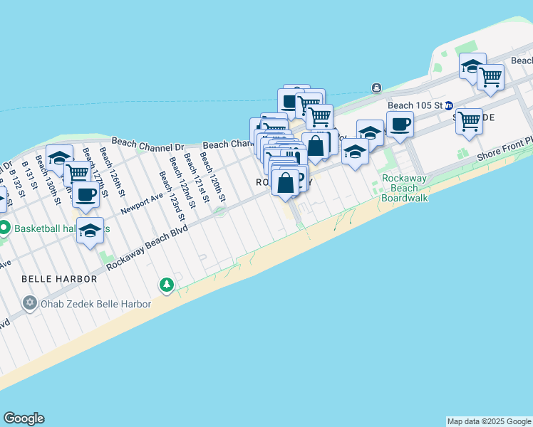 map of restaurants, bars, coffee shops, grocery stores, and more near 1-47 Beach 117th Street in Queens