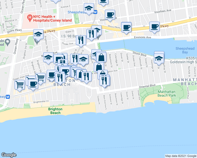 map of restaurants, bars, coffee shops, grocery stores, and more near 153 West End Avenue in Brooklyn