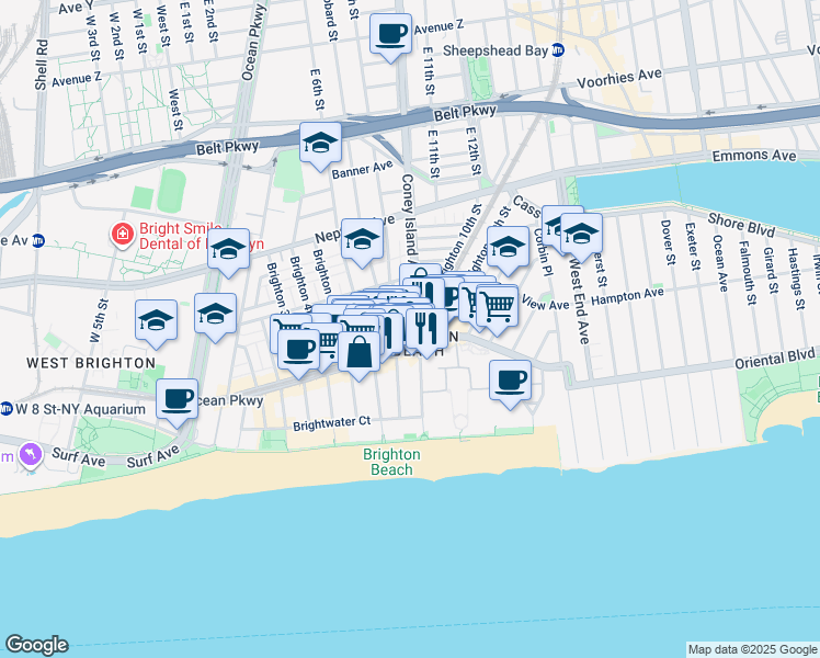 map of restaurants, bars, coffee shops, grocery stores, and more near 703 Brighton Beach Avenue in Brooklyn