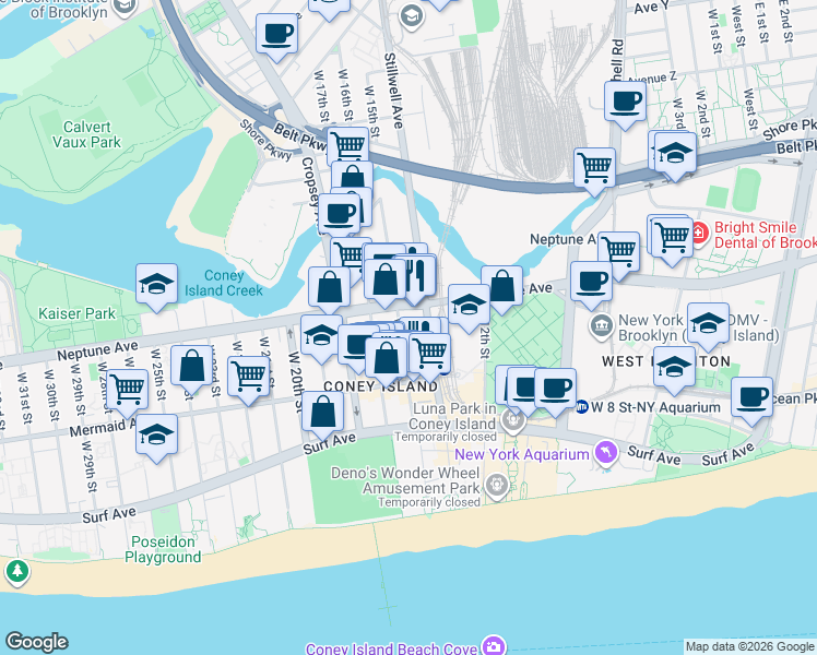 map of restaurants, bars, coffee shops, grocery stores, and more near 2844 West 15th Street in Brooklyn