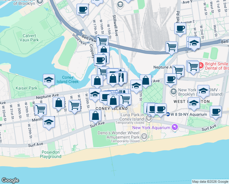 map of restaurants, bars, coffee shops, grocery stores, and more near 2844 West 15th Street in Brooklyn