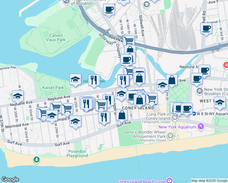 map of restaurants, bars, coffee shops, grocery stores, and more near 2824 West 20th Street in Brooklyn