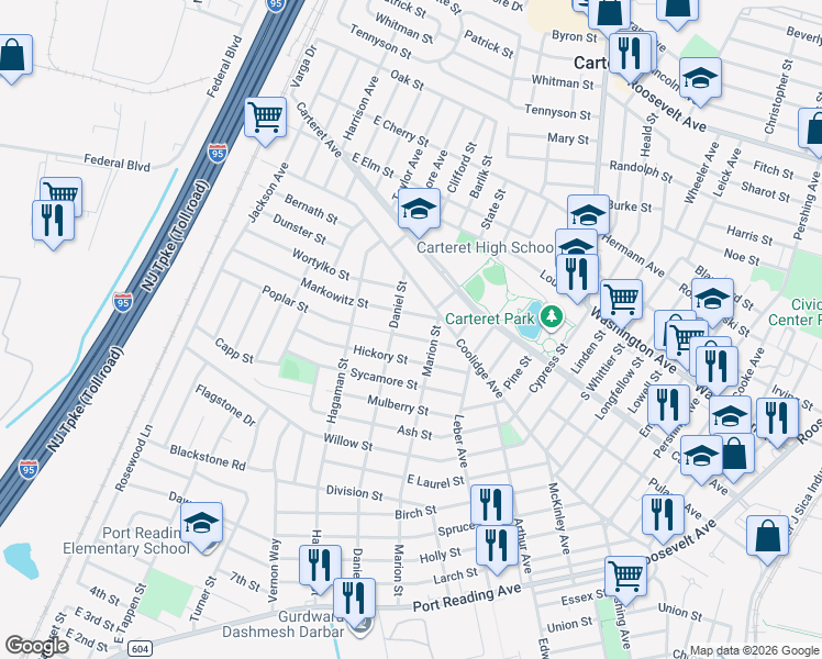 map of restaurants, bars, coffee shops, grocery stores, and more near 75 Poplar Street in Carteret