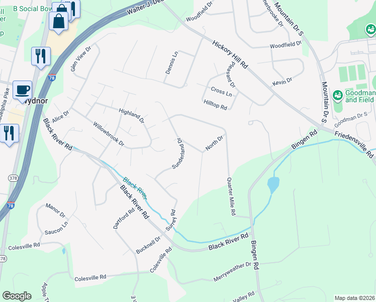 map of restaurants, bars, coffee shops, grocery stores, and more near 1965 Sunderland Drive in Bethlehem
