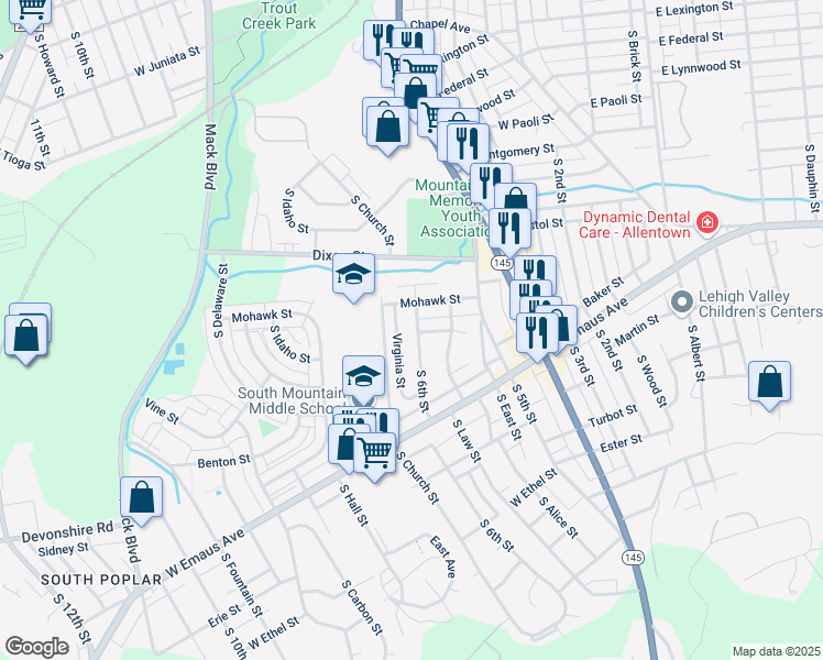 map of restaurants, bars, coffee shops, grocery stores, and more near 1951 South 6th Street in Allentown