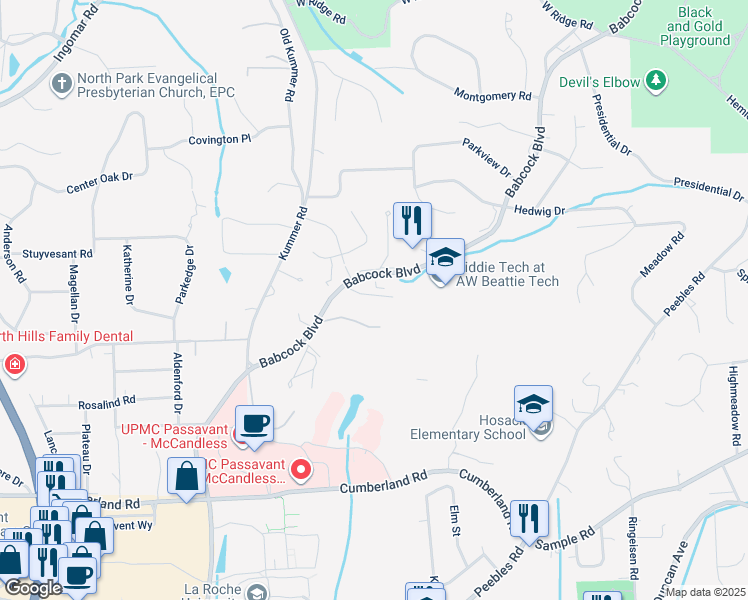 map of restaurants, bars, coffee shops, grocery stores, and more near 1041 Apple Hill Lane in McCandless