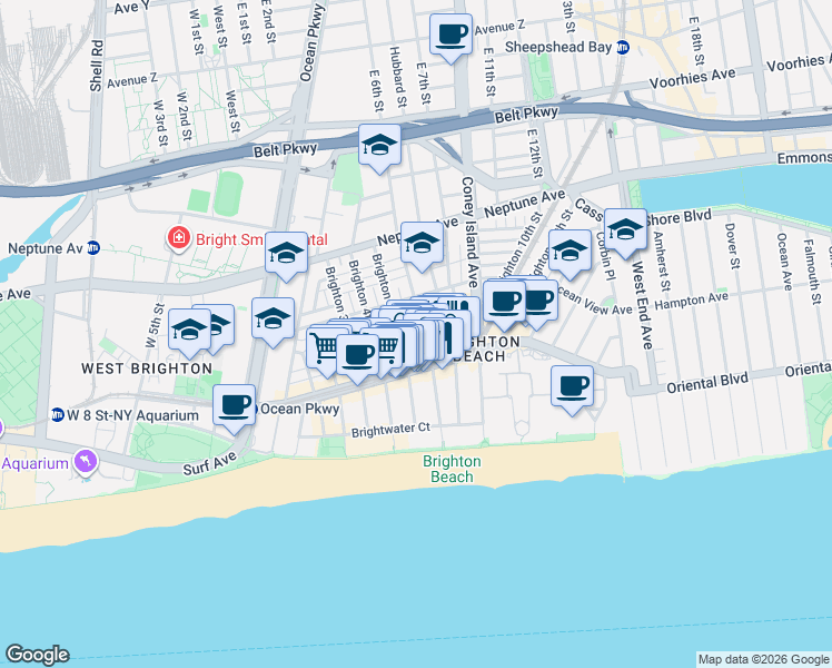 map of restaurants, bars, coffee shops, grocery stores, and more near 604 Brighton Beach Avenue in Brooklyn