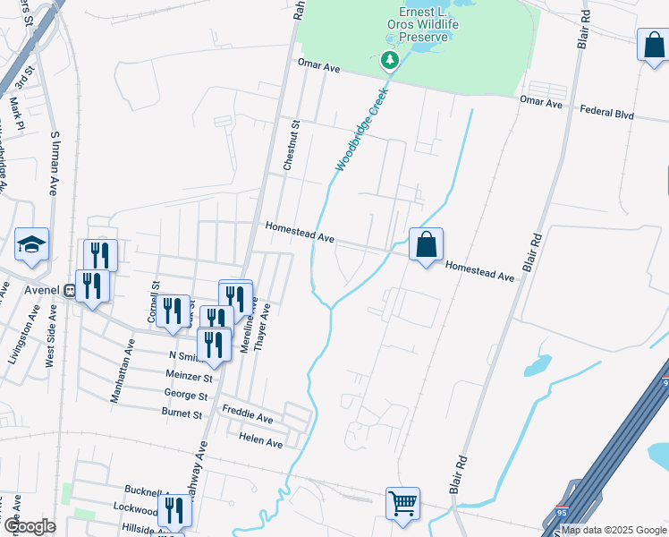 map of restaurants, bars, coffee shops, grocery stores, and more near Evergreen Forest Boulevard in Woodbridge Township