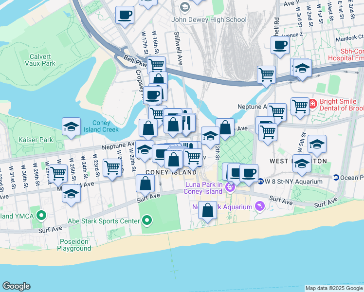 map of restaurants, bars, coffee shops, grocery stores, and more near 2823 West 15th Street in Brooklyn