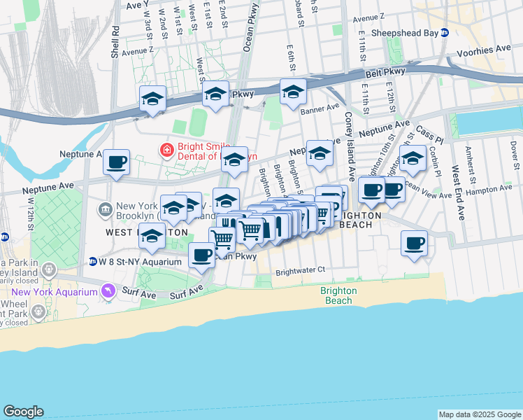 map of restaurants, bars, coffee shops, grocery stores, and more near 3040 Brighton 3rd Street in Brooklyn