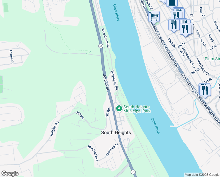 map of restaurants, bars, coffee shops, grocery stores, and more near in South Heights