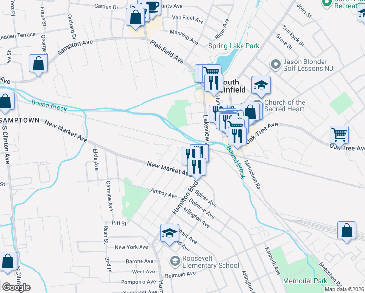 map of restaurants, bars, coffee shops, grocery stores, and more near 300 Bergen Street in South Plainfield