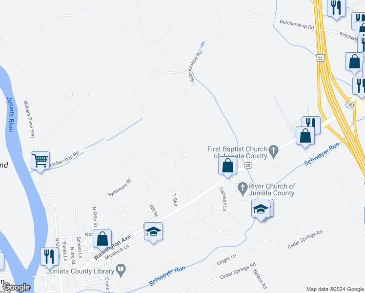 map of restaurants, bars, coffee shops, grocery stores, and more near Flint Road in Juniata County