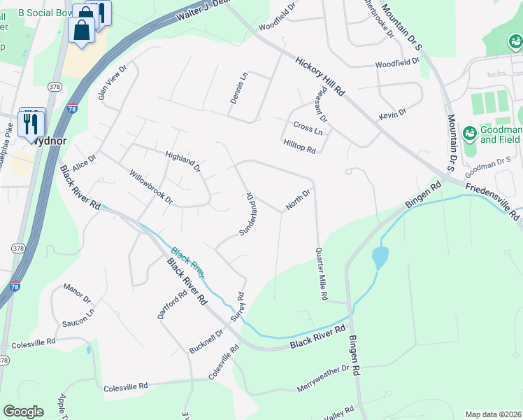 map of restaurants, bars, coffee shops, grocery stores, and more near 1965 Sunderland Drive in Bethlehem