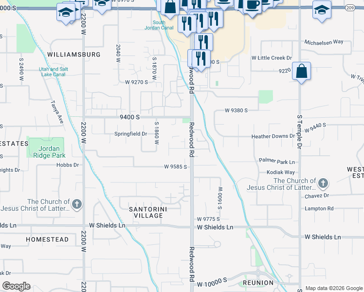 map of restaurants, bars, coffee shops, grocery stores, and more near 9512 South Tirado Cove in South Jordan