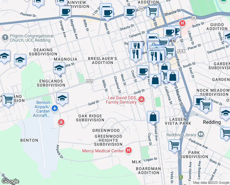 map of restaurants, bars, coffee shops, grocery stores, and more near 1903 Grace Avenue in Redding