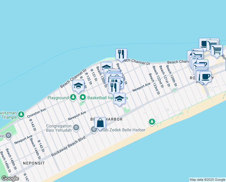 map of restaurants, bars, coffee shops, grocery stores, and more near 129-10 Newport Avenue in Queens