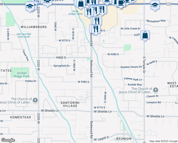map of restaurants, bars, coffee shops, grocery stores, and more near 9511 South Tirado Cove in South Jordan