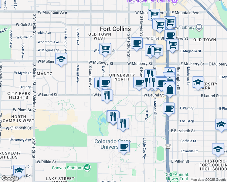 map of restaurants, bars, coffee shops, grocery stores, and more near 502 West Laurel Street in Fort Collins