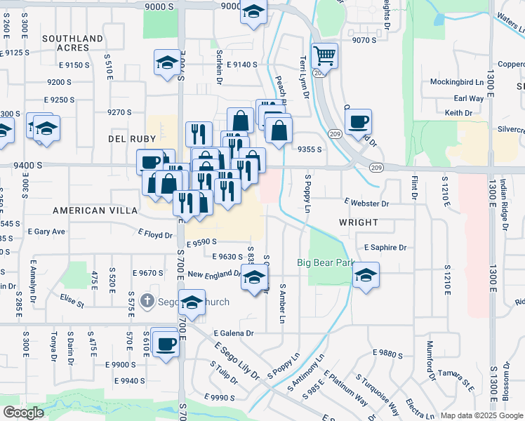 map of restaurants, bars, coffee shops, grocery stores, and more near 9516 South Garnet Drive in Sandy