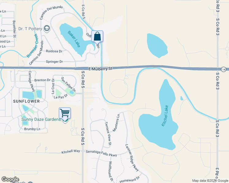 map of restaurants, bars, coffee shops, grocery stores, and more near 701 Boulder Circle in Fort Collins