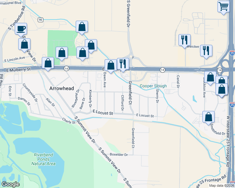 map of restaurants, bars, coffee shops, grocery stores, and more near 709 Clifford Drive in Fort Collins