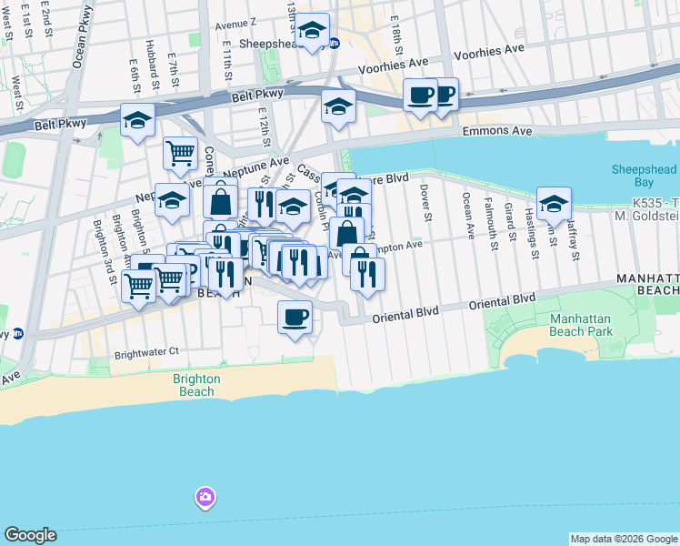 map of restaurants, bars, coffee shops, grocery stores, and more near 150 Corbin Place in Brooklyn