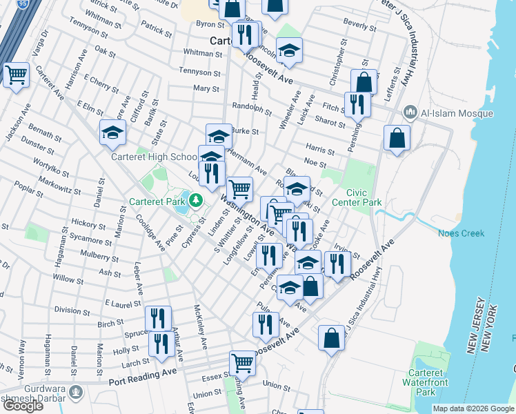 map of restaurants, bars, coffee shops, grocery stores, and more near 108 Washington Avenue in Carteret