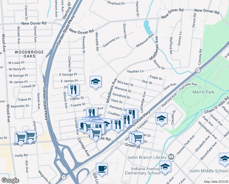 map of restaurants, bars, coffee shops, grocery stores, and more near 200 Middlesex Avenue in Woodbridge Township