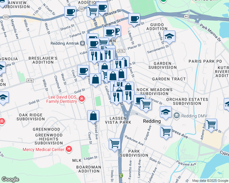 map of restaurants, bars, coffee shops, grocery stores, and more near 2141 California Street in Redding